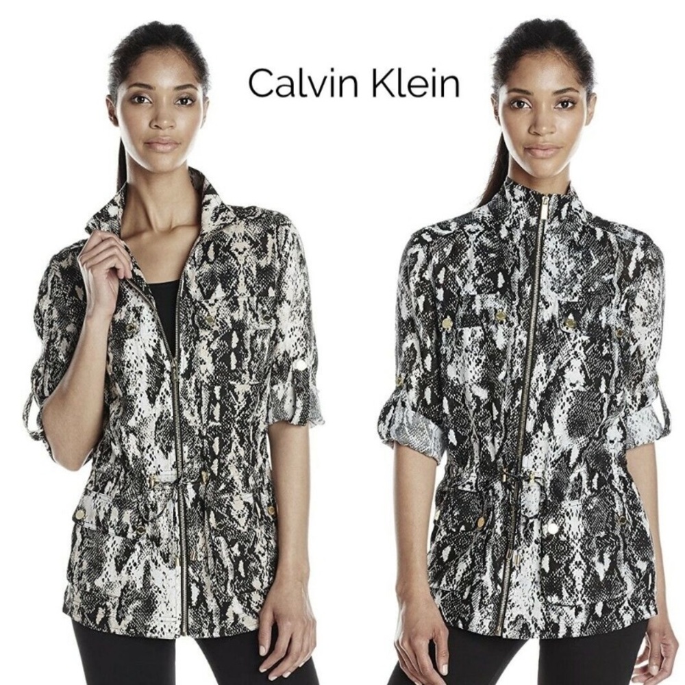 Calvin Klein Linen Lightweight Jacket Snake Animal Print Roll Tab Sleeve Sz L